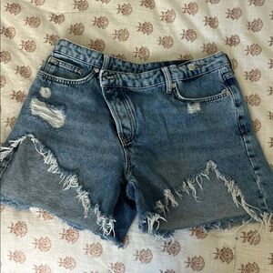 Crossover Button Fly Distressed Jean Shorts - 30